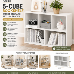 furinno luder book shelf, 5 cube bookshelf, reversible bookcase, 9.4 x 19.5 x 31.5, easy assembly, for living room, bedroom, home office, white