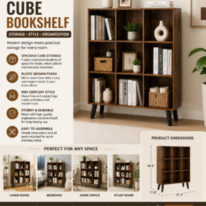 leyaoyao cube bookshelf 3 tier mid century rustic brown modern bookcase with legs,retro wood bookshelves storage organizer shelf,freestanding open book shelves for bedroom,living room,office