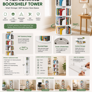 spaceaid 4 tier rotating bookshelf tower, spinning bookcase lazy susan, revolving 360 book shelf storage round carousel, vertical rotate turning spiral corner organizer, white