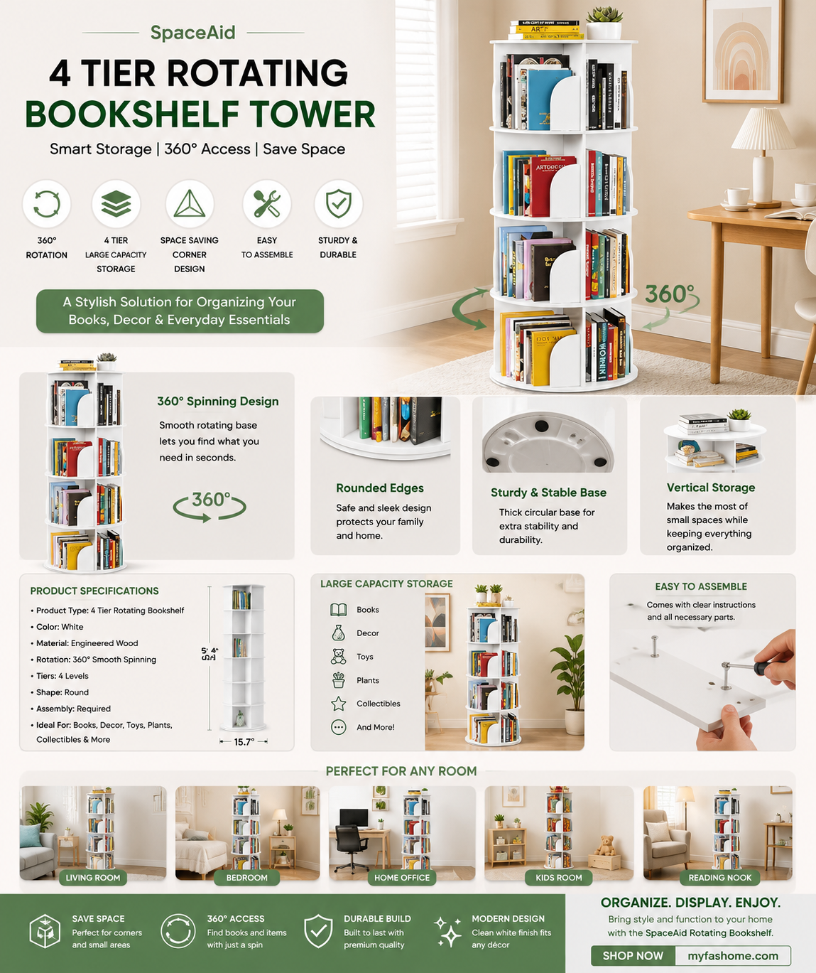 spaceaid 4 tier rotating bookshelf tower, spinning bookcase lazy susan, revolving 360 book shelf storage round carousel, vertical rotate turning spiral corner organizer, white spaceaid 4 tier rotating bookshelf tower, spinning bookcase lazy susan, revolving 360 book shelf storage round carousel, vertical rotate turning spiral corner organizer, white