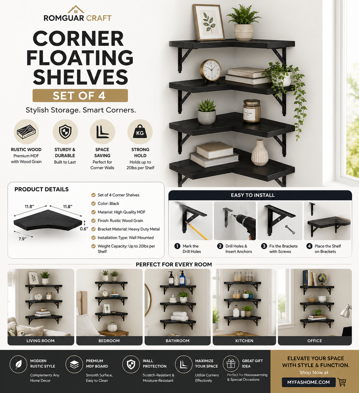 romguar craft corner floating shelves wall mounted set of 4, rustic wood storage display shelves for home decor, bathroom, kitchen, bedroom, living room, office (black) romguar craft corner floating shelves wall mounted set of 4, rustic wood storage display shelves for home decor, bathroom, kitchen, bedroom, living room, office (black)