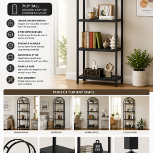 yusong bookshelf 4 tier arched bookcase, 71.3" tall industrial open book shelves for living room, modern freestanding display shelving unit storage rack with metal frame, office, bedroom, black