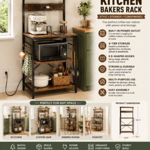 superjare kitchen bakers rack with power outlet, coffee bar table 4 tiers, kitchen microwave stand with 6 s shaped hooks, storage shelf rack for spices, pots and pans rustic brown