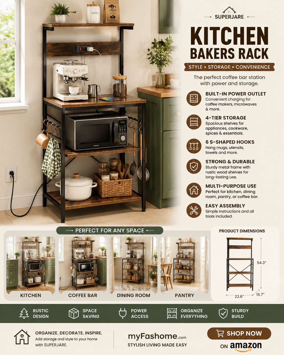 superjare kitchen bakers rack with power outlet, coffee bar table 4 tiers, kitchen microwave stand with 6 s shaped hooks, storage shelf rack for spices, pots and pans rustic brown superjare kitchen bakers rack with power outlet, coffee bar table 4 tiers, kitchen microwave stand with 6 s shaped hooks, storage shelf rack for spices, pots and pans rustic brown