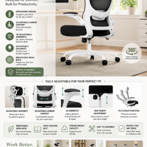 marsail ergonomic office chair: office desk chair with high back mesh and adjustable lumbar support rolling work swivel task chairs with wheel 3d armrests and headrest