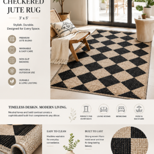 lahome colette checkered easy jute 3x5 outdoor patio rug, washable rugs for entryway diamond indoor outdoor living room carpet, farmhouse neutral non slip black door carpet for backyard bedroom
