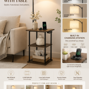 pesrae floor lamp with table, end tables with charging station(usb & type c & ac port), 3 color temperatures 9w led bulb, modern shelves side table for bedroom, living room