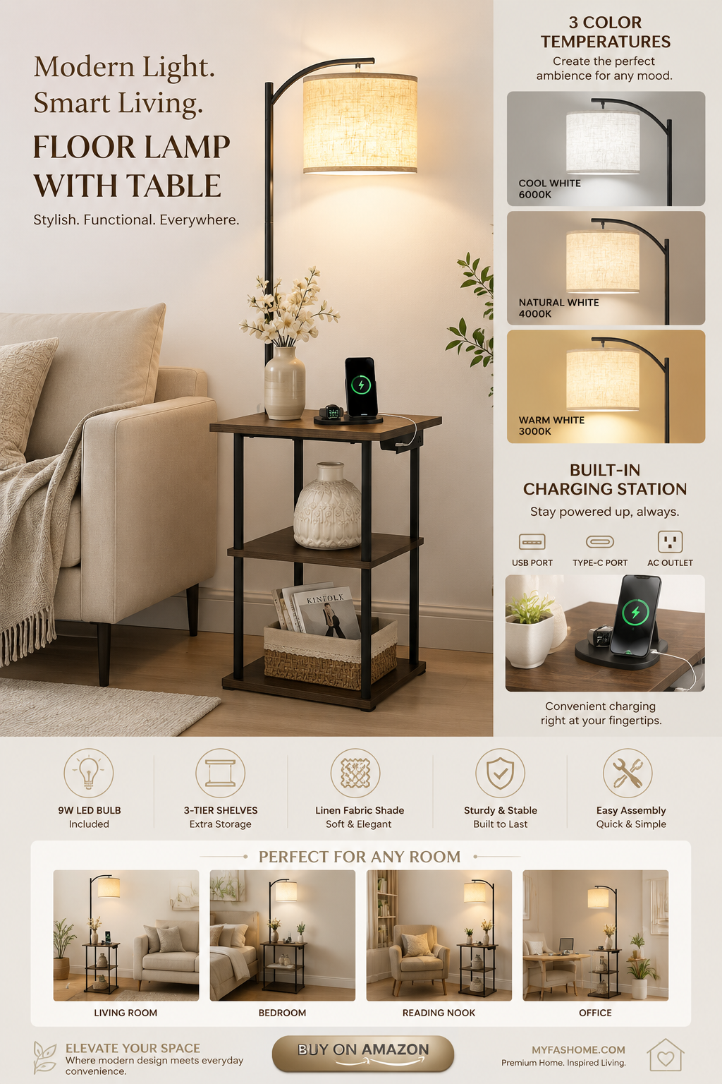 pesrae floor lamp with table, end tables with charging station(usb & type c & ac port), 3 color temperatures 9w led bulb, modern shelves side table for bedroom, living room pesrae floor lamp with table, end tables with charging station(usb & type c & ac port), 3 color temperatures 9w led bulb, modern shelves side table for bedroom, living room