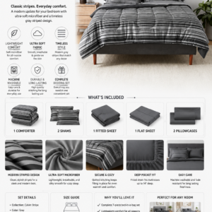 amazon basics full/queen comforter set with sheets, 7 piece gray calvin stripe bedding, lightweight microfiber bed in a bag, striped