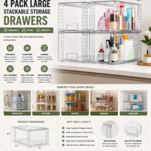vtopmart 4 pack large stackable storage drawers,easily assemble acrylic bathroom closet undersink organizers and storage,plastic bins for kitchen cabinets,pantry,makeup,medicine organization
