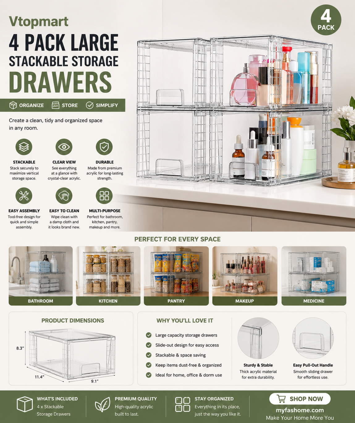 vtopmart 4 pack large stackable storage drawers,easily assemble acrylic bathroom closet undersink organizers and storage,plastic bins for kitchen cabinets,pantry,makeup,medicine organization vtopmart 4 pack large stackable storage drawers,easily assemble acrylic bathroom closet undersink organizers and storage,plastic bins for kitchen cabinets,pantry,makeup,medicine organization