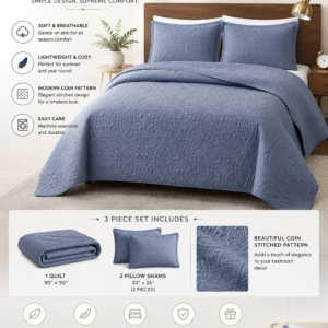 love's cabin quilts for queen bed blue bedspreads soft bed summer lightweight bedspread comforter modern style coin pattern coverlet for all season 3 pieces (1 quilt, 2 pillow shams)