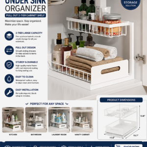 under sink organizer, pull out cabinet organizer 2 tier slide out sink shelf cabinet storage shelves, under sink storage for kitchen bathroom cabinet, white, 1 pack