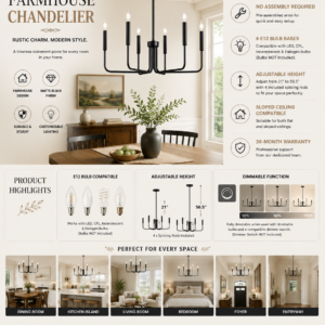 Black 6-light farmhouse chandelier with matte black finish and candle-style arms for dining room and modern farmhouse interiors