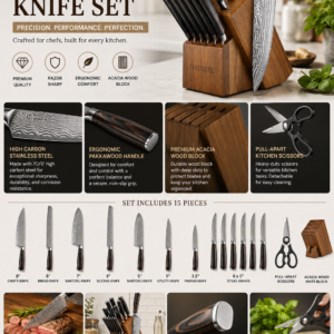 Yatoshi professional kitchen knife set with high carbon stainless steel blades, ergonomic handles, and acacia wood knife block
