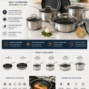 SNOWCLAD 10-piece hybrid stainless steel cookware set with non-stick frying pans, saucepans, saute pan, and stock pot for modern kitchens