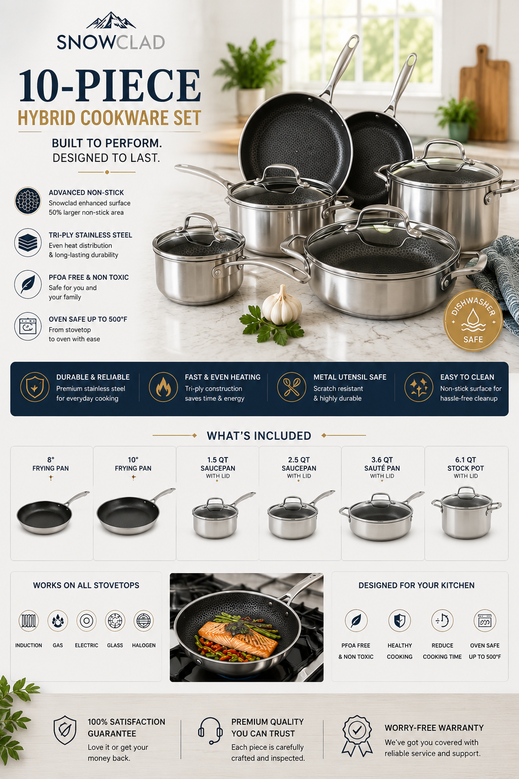 SNOWCLAD 10 Piece Hybrid Stainless Steel Cookware Set SNOWCLAD 10-piece hybrid stainless steel cookware set with non-stick frying pans, saucepans, saute pan, and stock pot for modern kitchens