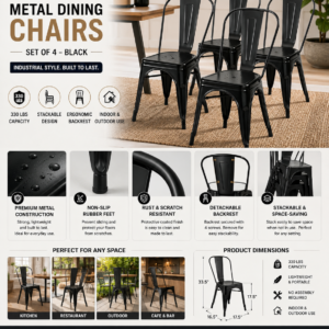 FDW black metal dining chairs set of 4 featuring stackable industrial design, ergonomic backrest, and durable steel construction