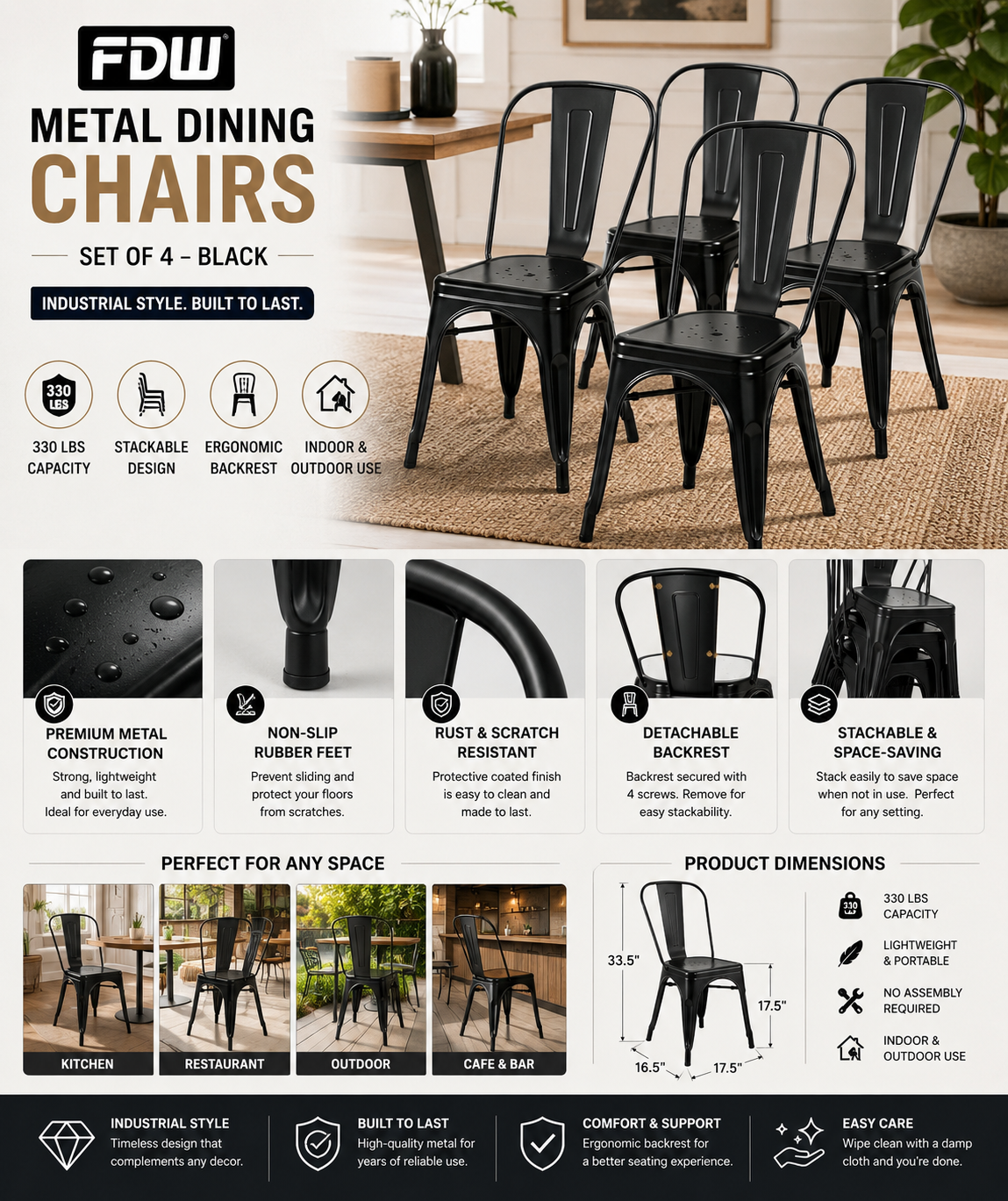 FDW Metal Dining Chairs Set of 4 Black FDW black metal dining chairs set of 4 featuring stackable industrial design, ergonomic backrest, and durable steel construction