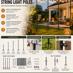 4 pack outdoor string light poles with heavy-duty metal construction and adjustable height for patio, backyard, and garden lighting