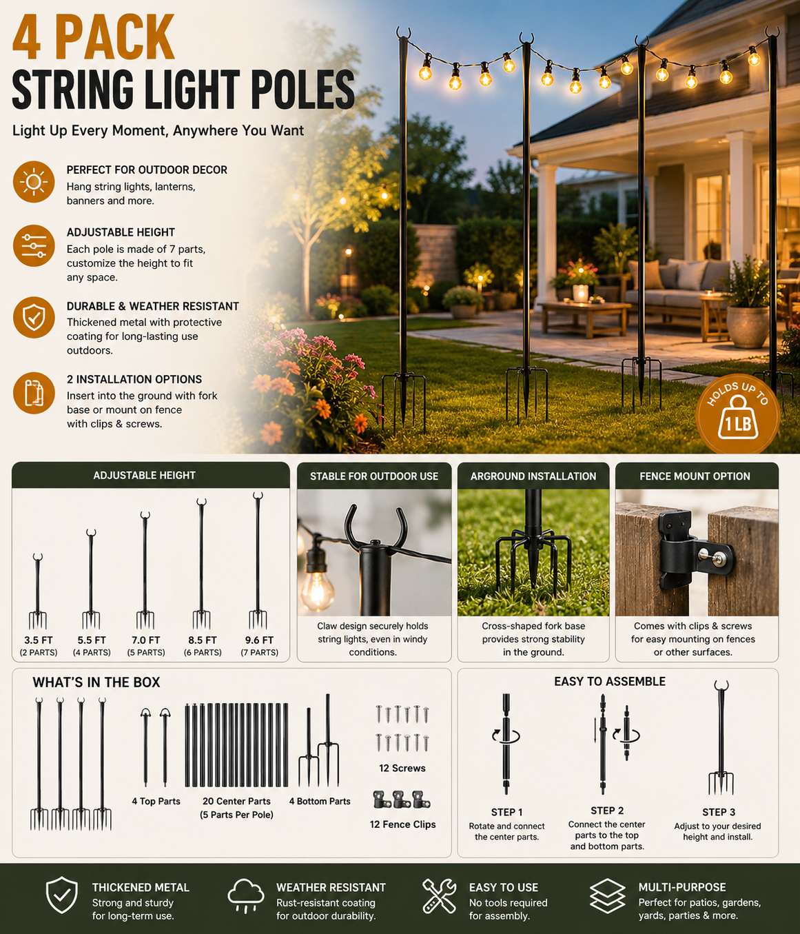 4 Pack String Light Poles for Outside 4 pack outdoor string light poles with heavy-duty metal construction and adjustable height for patio, backyard, and garden lighting
