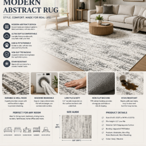 Modern abstract washable area rug 8x10 in neutral grey tones with soft texture and non-slip backing for living room decor