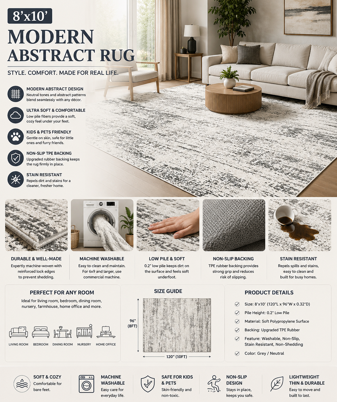 8x10 Modern Abstract Washable Area Rug Modern abstract washable area rug 8x10 in neutral grey tones with soft texture and non-slip backing for living room decor
