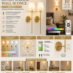 Gold battery operated wall sconce set of 2 with rechargeable dimmable bulbs, remote control, and modern fabric shade design