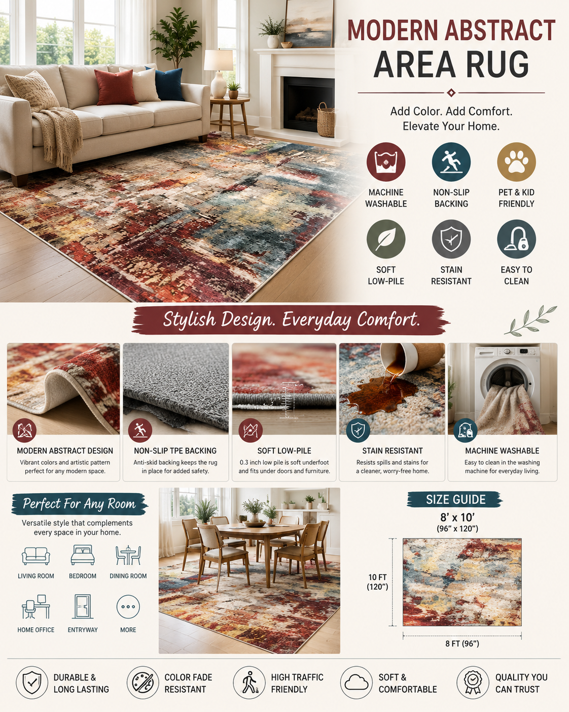 Lahome Modern Abstract Living Room Rug 8x10 Lahome modern abstract washable area rug 8x10 featuring colorful contemporary design, soft low-pile texture, and non-slip backing