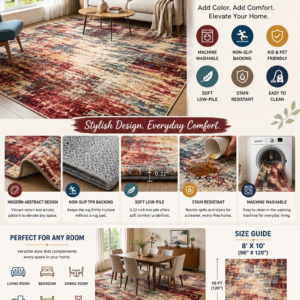 Abstract washable area rug 8x10 featuring red, beige, blue, and yellow modern pattern with soft faux wool texture