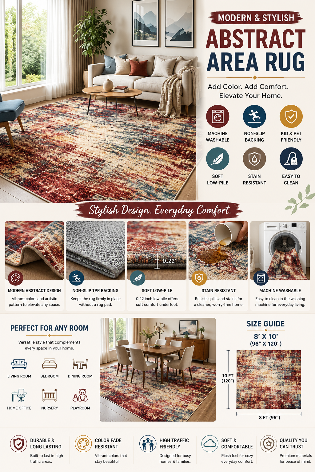 abstract area rugs 8x10 ft washable large rugs for living room, non slip dining room rug, printed faux wool rugs for bedroom, floor carpet for office nursery playroom, red/multi Abstract washable area rug 8x10 featuring red, beige, blue, and yellow modern pattern with soft faux wool texture
