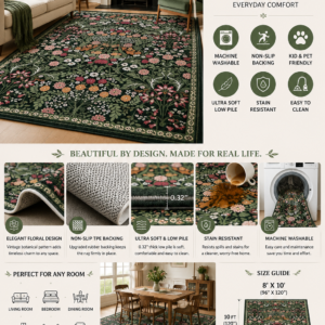 Dark green floral washable area rug 8x10 featuring vintage botanical patterns, ultra-soft texture, and non-slip backing for living room decor