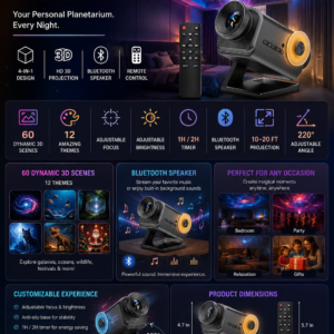 Rossetta 3D galaxy projector with Bluetooth speaker, remote control, HD nebula projection, and ambient bedroom lighting
