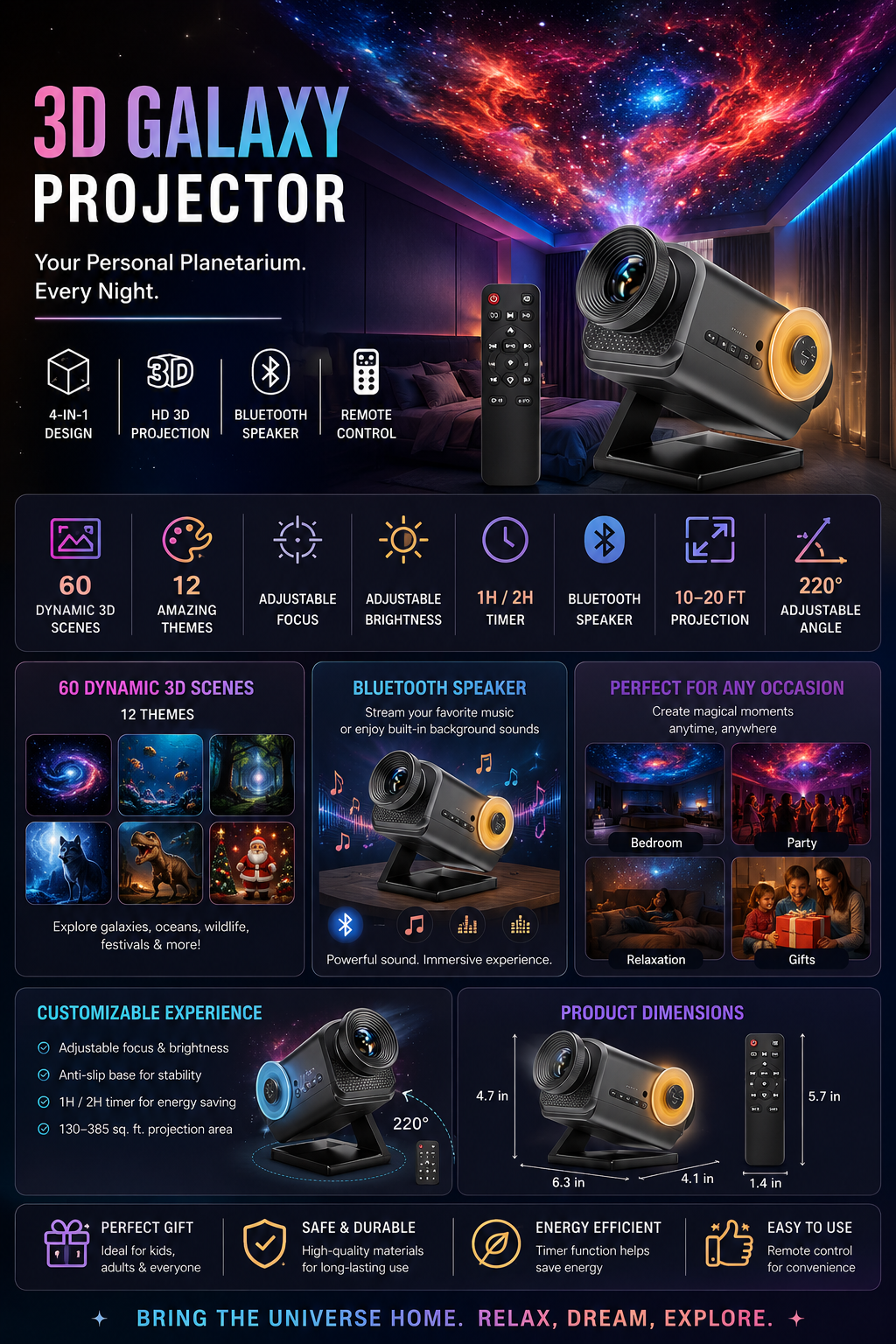 Rossetta 3D Galaxy Projector Rossetta 3D galaxy projector with Bluetooth speaker, remote control, HD nebula projection, and ambient bedroom lighting
