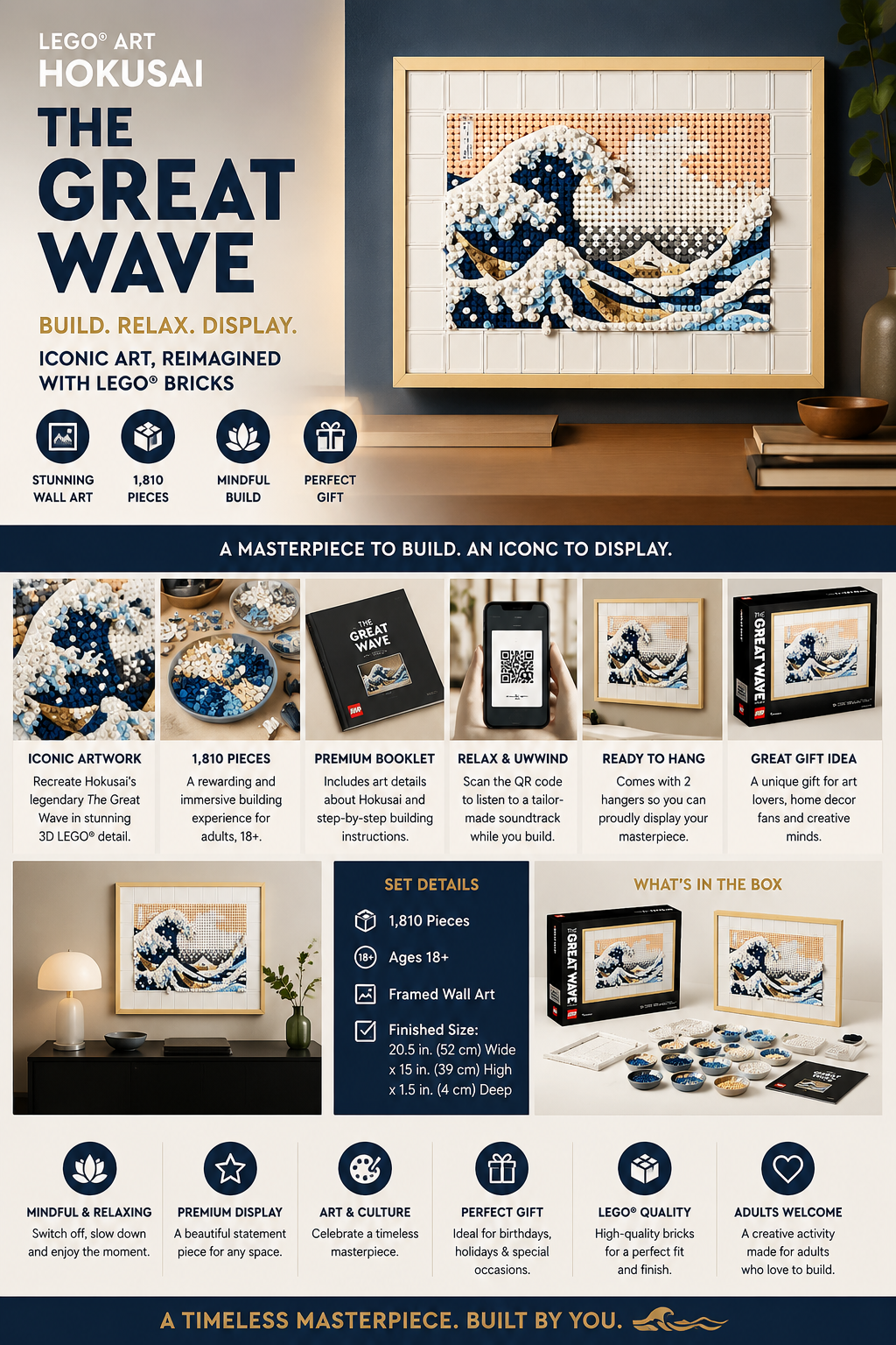 LEGO Art Hokusai The Great Wave 31208 LEGO Art Hokusai The Great Wave wall art building set featuring framed Japanese artwork made from LEGO bricks