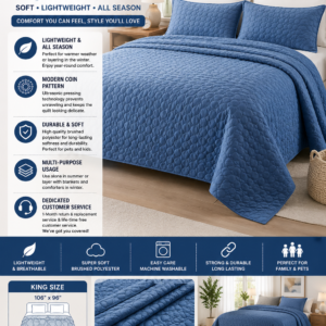 Love's Cabin king size blue quilt set with modern coin pattern and lightweight all-season comfort.