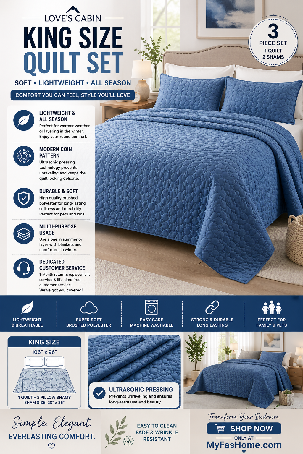 Love's Cabin King Size Blue Quilt Set Love's Cabin king size blue quilt set with modern coin pattern and lightweight all-season comfort.
