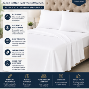 King size white bed sheet set featuring ultra-soft cooling microfiber fabric and deep pocket fitted sheet.