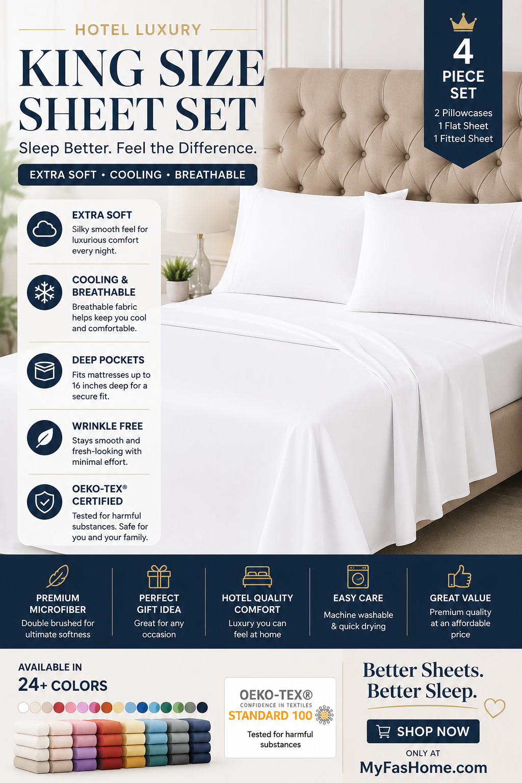 King Size White Hotel Luxury Bed Sheet Set King size white bed sheet set featuring ultra-soft cooling microfiber fabric and deep pocket fitted sheet.