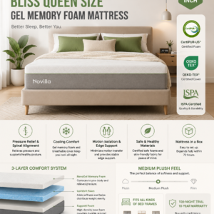 Novilla Bliss Queen Size 12-inch gel memory foam mattress designed for cooling comfort, pressure relief, and motion isolation.