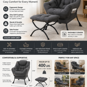 Modern dark grey accent chair with ottoman and soft cushioned seating for living room and bedroom relaxation.