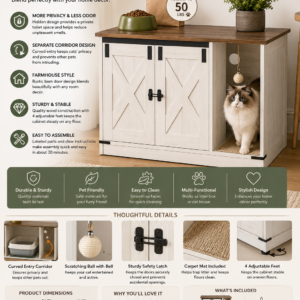 Farmhouse-style cat litter box enclosure cabinet with hidden cat house compartment and rustic wood top.