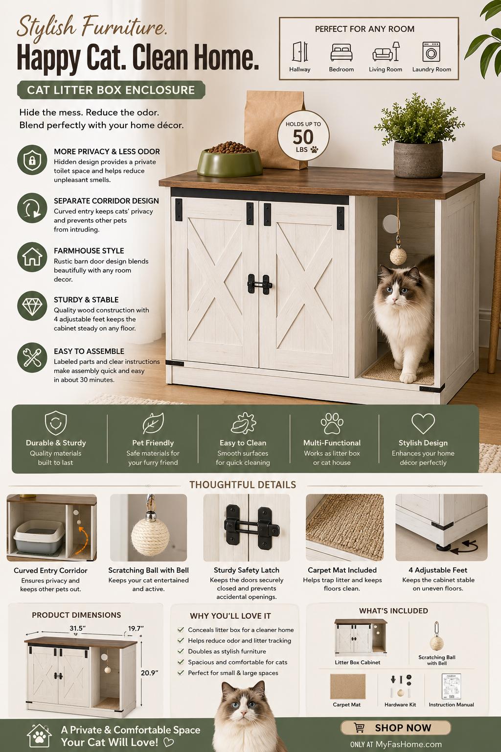 Hzuaneri Hidden Cat Litter Box Cabinet Farmhouse-style cat litter box enclosure cabinet with hidden cat house compartment and rustic wood top.