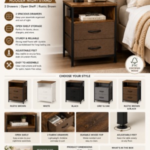 Huuger rustic brown nightstand with two fabric drawers, open storage shelf, and wooden top for bedroom organization.