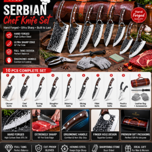 10-piece Serbian chef knife set with hand-forged high carbon steel blades, leather carrying case, sharpening stone, and kitchen accessories