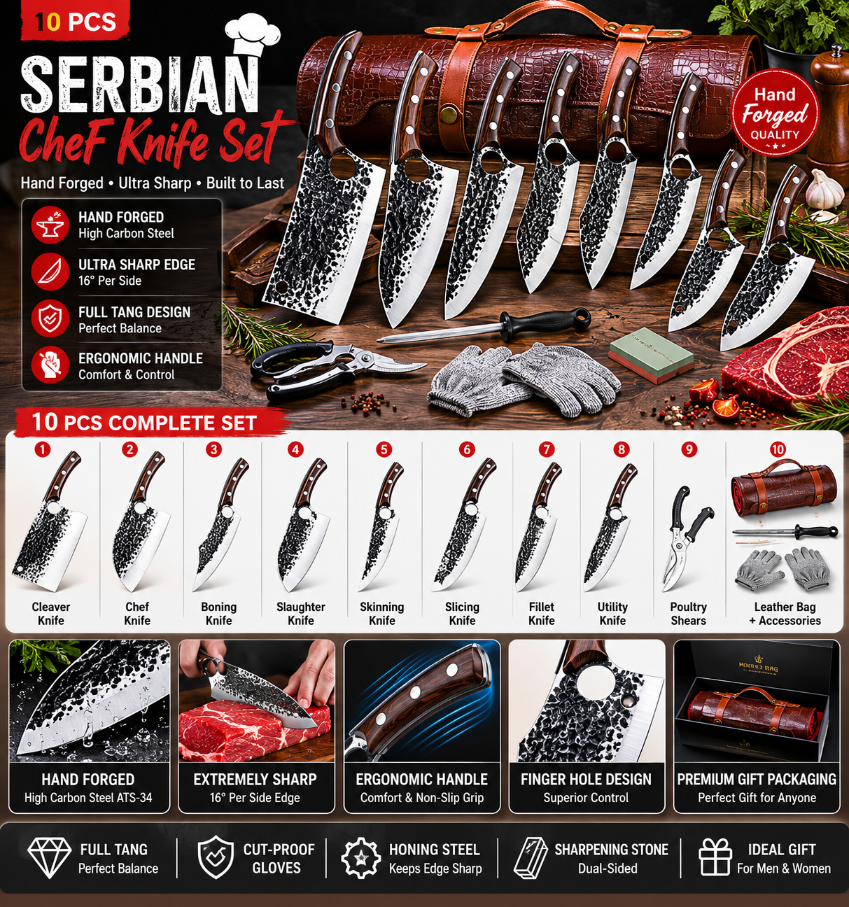 Serbian Chef Knife Set 10 PCS 10-piece Serbian chef knife set with hand-forged high carbon steel blades, leather carrying case, sharpening stone, and kitchen accessories