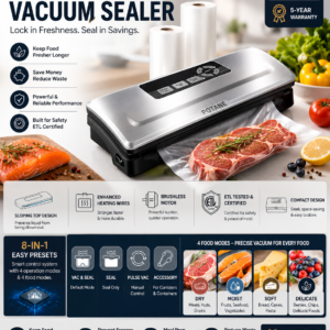 POTANE vacuum sealer machine with food storage bags, 8-in-1 presets, compact stainless steel design, and food preservation technology