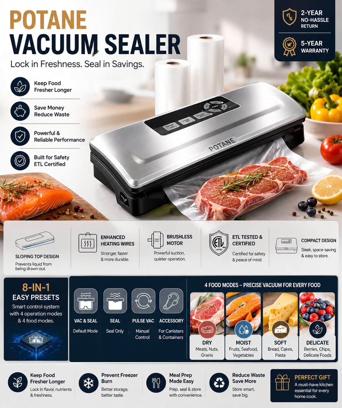 POTANE Precision Vacuum Sealer Machine POTANE vacuum sealer machine with food storage bags, 8-in-1 presets, compact stainless steel design, and food preservation technology
