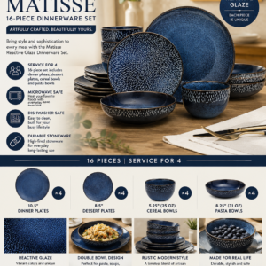 Gibson Elite Matisse blue stoneware dinnerware set with reactive glaze plates, bowls, and pasta bowls for four people