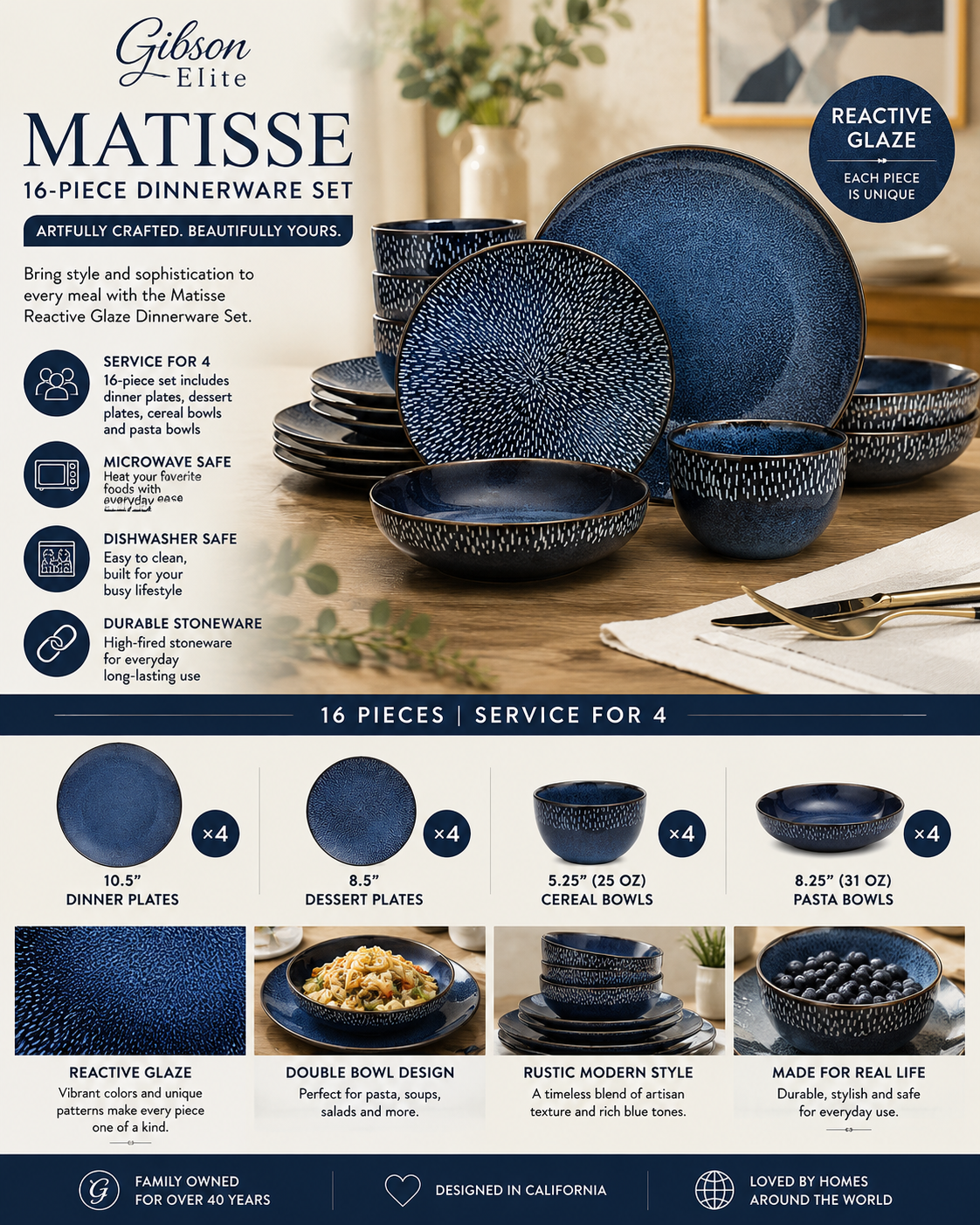Gibson Elite Matisse 16-Piece Dinnerware Set Gibson Elite Matisse blue stoneware dinnerware set with reactive glaze plates, bowls, and pasta bowls for four people